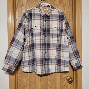 Wrangler Men's XL Cream Red Gray Plaid Longsleeves Button Up Sherpa Lined Jacket